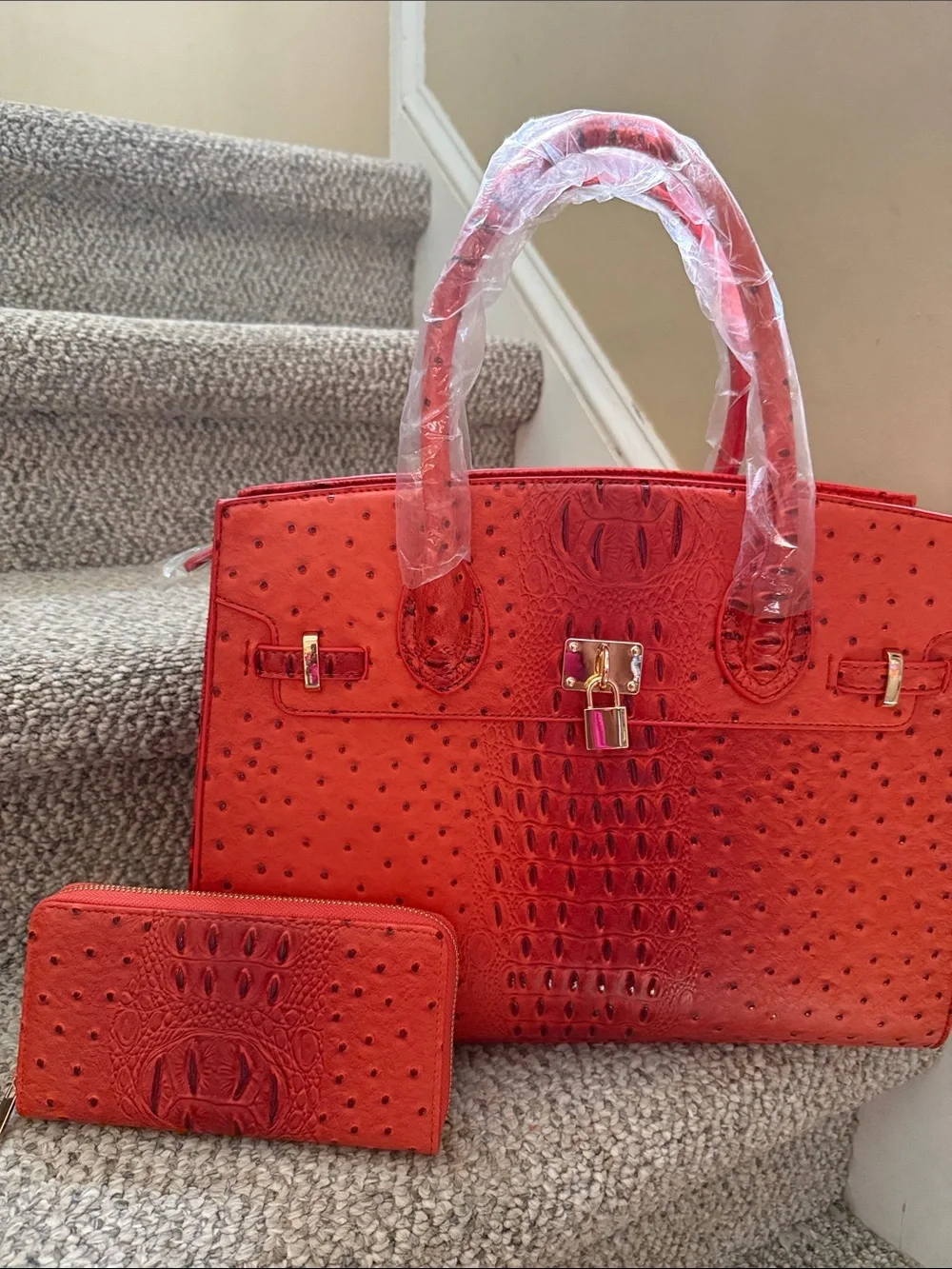 Burnt Orange Ostrich-Texture Tote & Wallet Set